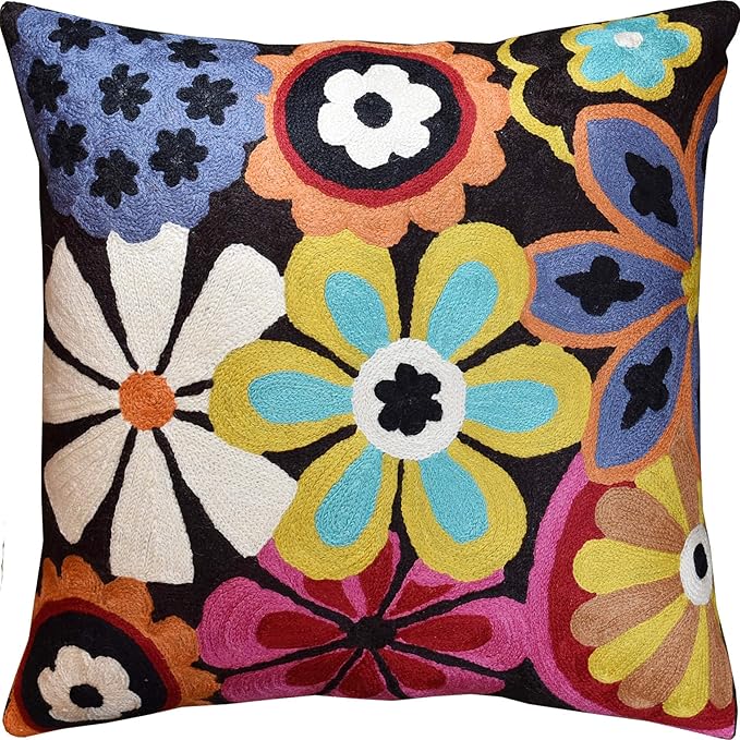 Modern Black Daisy Floral Pillow Cover Accent Flower Traditional Pillowcase Hand Embroidered Florals Couch Pillowsham Boho Outdoor Cushion Suzani Accent Pillow Wool 18x18 Inch-Ruum Studio Home