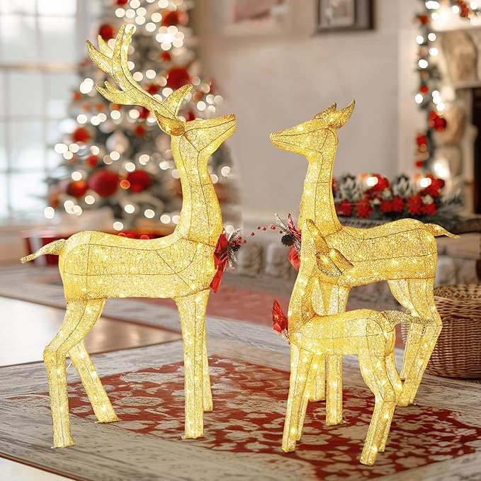 4.5FT Lighted Reindeer Family Set for Christmas Decoration, 3 Pieces Pre-Lit Iridescent Deer with 200 LED Lights, 3D Glittered Standing Holiday Display for Outdoor, Indoor, Golden-Ruum Studio Home