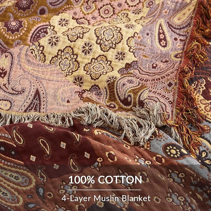 Boho Throw Blanket for Couch Sofa Bed, 100% Cotton Woven Quilt with Tassel 80”x90”, Super Soft Muslin Blanket with Patchwork Printed, Decorative Reversible Bed Blanket/Cover for All Seasons-Ruum Studio Home