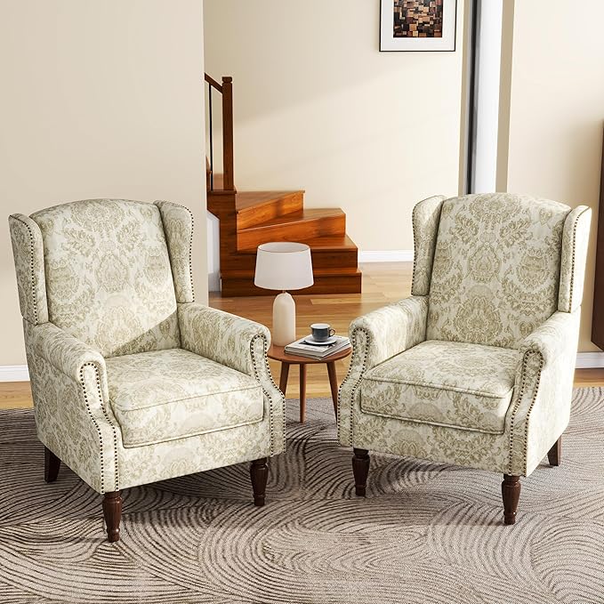 UIXE High Back Floral Accent Chairs Set of 2, Upholstered Armchair in Fabric, Retro Printed Wingback Arm Chair for Living Room, Nailhead Trim Single Sofa Bedroom Reading Seat - White-Ruum Studio Home