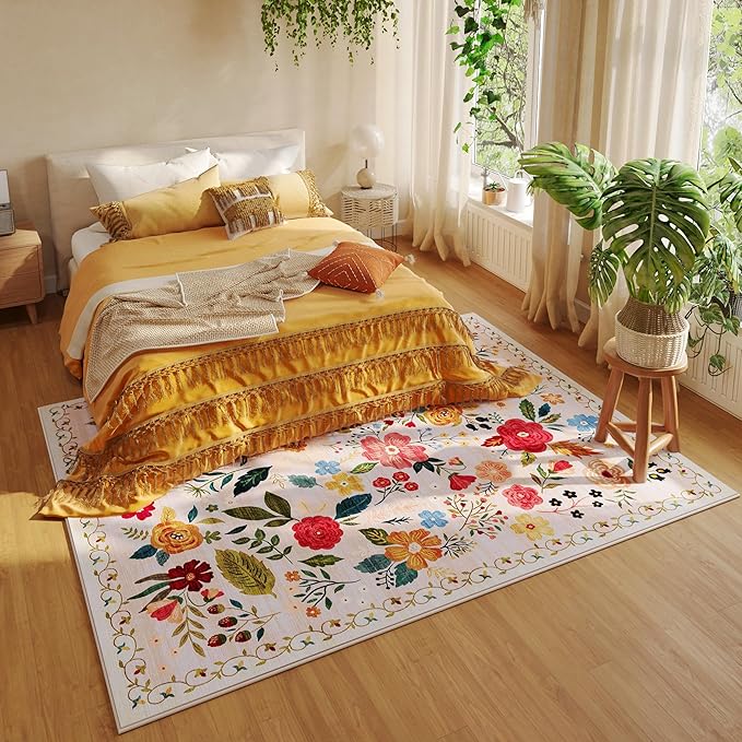 Living Room Rug 5x7 Rug Machine Washable Boho Area Rug Non Slip Floral Vintage Low Pile Large Rugs for Living Room, Bedroom, Farmhouse, Dining Room, Kids Playroom(Beige)-Ruum Studio Home