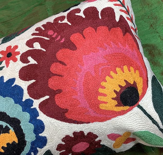 Lumbar Cream Floral Pillow Cover Polish Flower Accent Chair Pillowcase Couch Modern Farmhouse Couch Cushion Hand Embroidered Wool Size 14x20 Inch-Ruum Studio Home