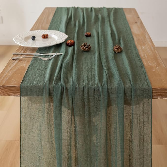 Forest Green Gauze Rustic Cheesecloth Table Runner 120 Inch 10 FT for Wedding Baby Shower Bridal Shower Birthday Engagement Garden Outdoor Party Long Sheer Boho Decorations-Ruum Studio Home