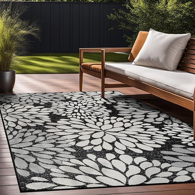 Beverly Rug Outdoor Rug 5x7 Modern Exotic Tropical Leaf Area Rugs for Indoor and Outdoor Patio Deck Porch Garden Water Resistant Washable Outside Carpet (5 x 7 Dark Gray)-Ruum Studio Home