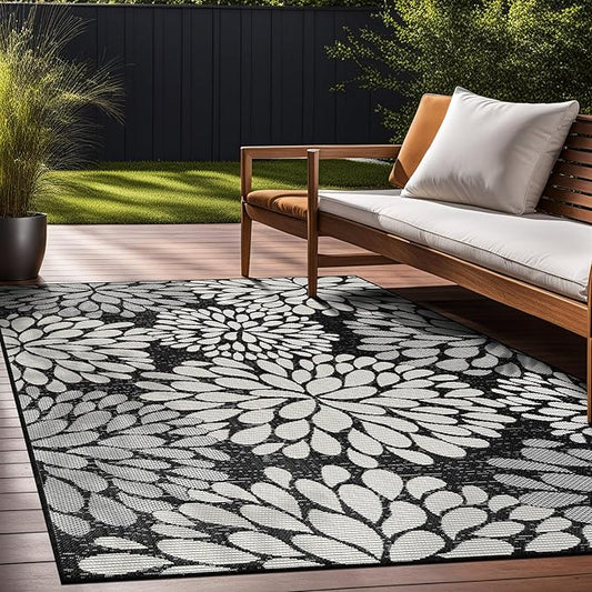 Beverly Rug Outdoor Rug 9x12 Modern Exotic Tropical Leaf Area Rugs for Indoor and Outdoor Patio Deck Porch Garden Water Resistant Washable Outside Carpet (9 x 12 Dark Gray)-Ruum Studio Home