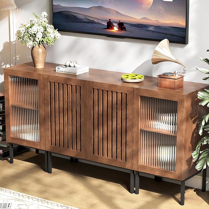 Farmhouse TV Stand for TVs up to 70 Inch, Entertainment Center TV Console with Storage Cabinets and Glass Doors,Media Console for Living Room,Brown-Ruum Studio Home
