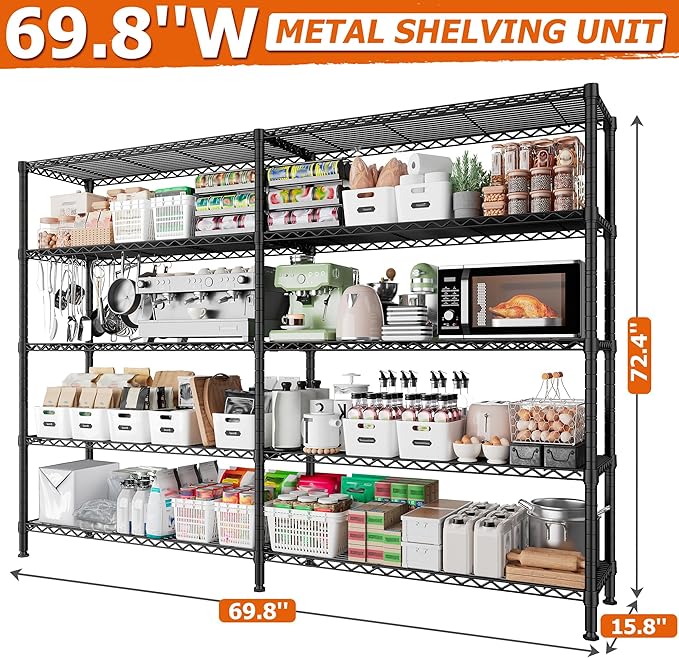 REIBII 1600LBS Storage Shelves Metal Shelving 5 Tier Wire Shelving Unit, 69.8" W Pantry Shelves Kitchen Shelves Adjustable Wire Shelf for Garage Storage Shelves, 69.8" Wx15.8 Dx72.4 H, Black-Ruum Studio Home