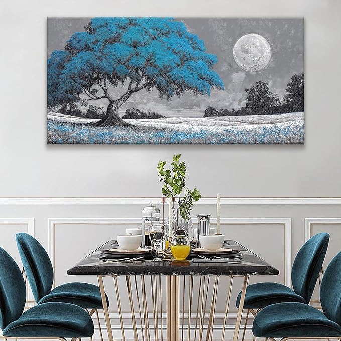 TAIJXAGSG Wall Art Blue Tree Moon Picture Canvas Art Wall Decor Artwork Abstract Canvas Print Painting Nature For Living Room Bedroom Bathroom Office Home Wall Decor 29"X 58"Can Be Hung Directly-Ruum Studio Home