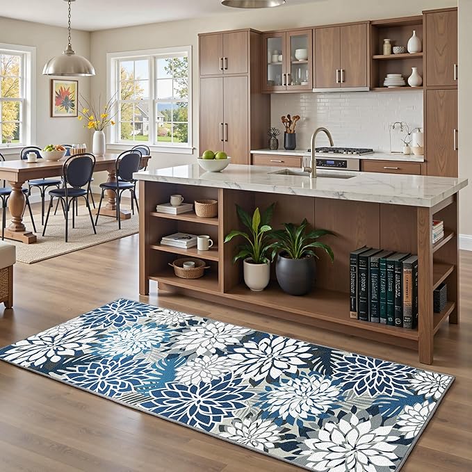 Area Rug 2x6 Blue White Washable Entry Rug Multicolored Tropical Botanical Modern Floral Indoor Kitchen Door Mat Entrance Carpet Non Slip for Bedroom Living Room, Porch-Ruum Studio Home