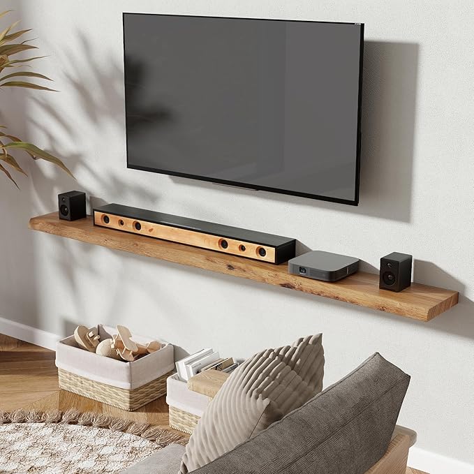 72" Floating Shelves, Live Edge Elm Wood Floating Shelf for Wall, Wall-Mounted Display Shelves with Invisible Heavy-Duty Bracket, Long Floating Shelf for Bathroom, Kitchen, Living Room, Natural Color-Ruum Studio Home
