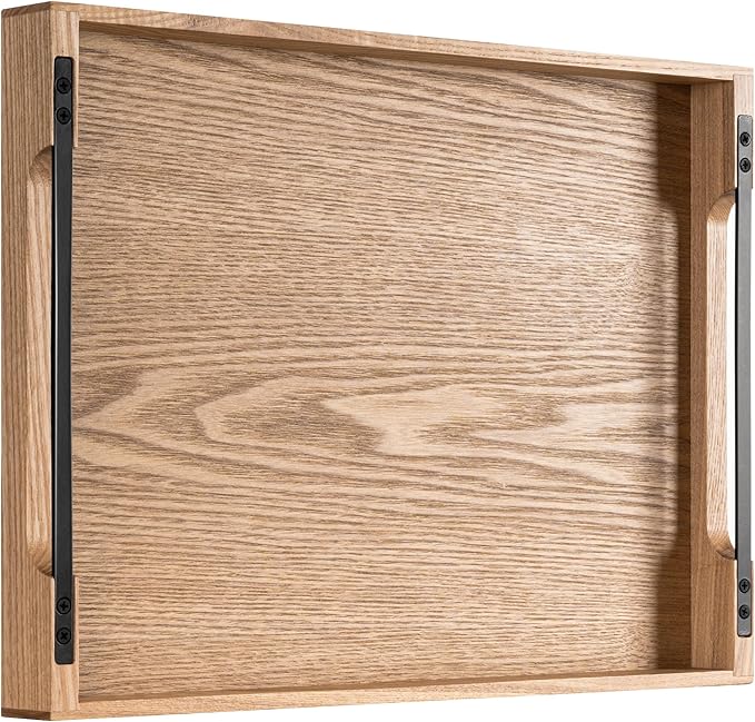 Axeman Wooden Serving Tray with Metal Handles|Ottoman Tray for Breakfast, Bed, Couch|17x13in Ash Wood Coffee Table Trays|Food Drinks Decorative Storage Boards for Ottoman Kitchen, Natural-Ruum Studio Home