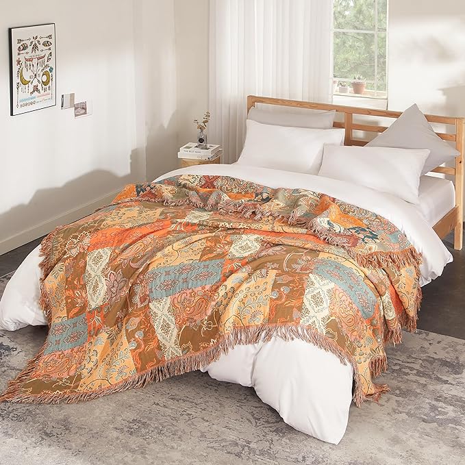 Boho Throw Blanket for Bed 90”x98”, 100% Cotton Woven Blanket for Couch Sofa, Ultra Soft 4-Layer Muslin Quilt with Patchwork Floral Printed, Farmhouse Bed Blanket/Cover for Living Room Decor-Ruum Studio Home