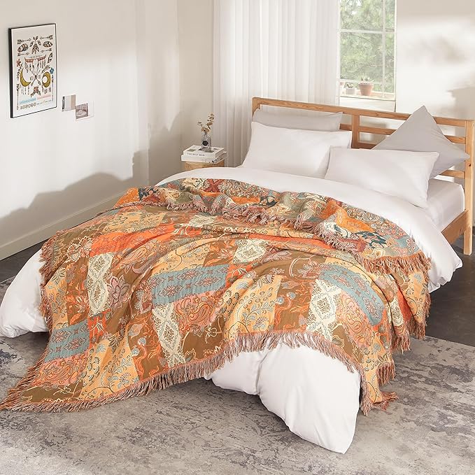 Boho Throw Blanket for Bed 60”x80”, 100% Cotton Woven Blanket for Couch Sofa, Ultra Soft 4-Layer Muslin Quilt with Patchwork Floral Printed, Farmhouse Bed Blanket/Cover for Living Room Decor-Ruum Studio Home