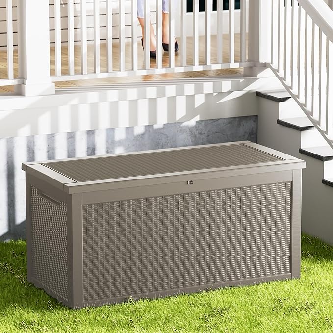 320 Gallon Outdoor Storage Box Waterproof Lockable Resin Deck Box Large, Patio Storage Bin for Pool Accessories Cushion Furniture, Garden Tools, UV-Resistant Outside Delivery Grey-Ruum Studio Home