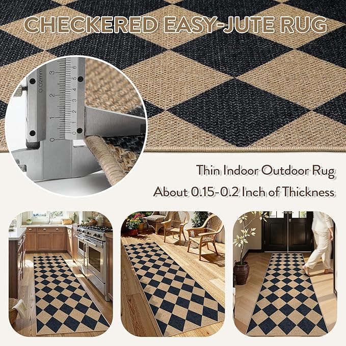 Lahome Checkered Easy Jute Runner Rug, 2x8 Hallway Kitchen Runner Rug Non Slip Washable Outdoor Carpet for Entryway Indoor, Checkerboard Black Indoor Outdoor Carpet for Hallway 8ft Entry-Ruum Studio Home