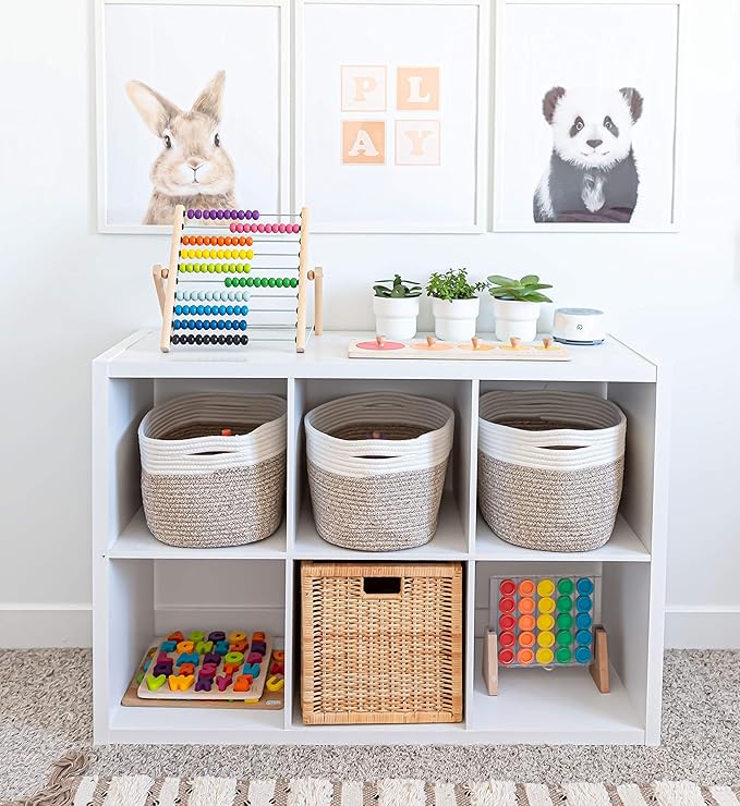 OrganiHaus Set of 3 Woven Storage Baskets for Organizing, Cotton Rope Organizer Bins for Shelves, Closet & Nursery, Dog Toy Basket, Decorative Bins for Toys, Towels & Books - 15x10x9, Brown-Ruum Studio Home