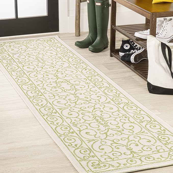JONATHAN Y Vintage Filigree Indoor Outdoor Runner Rug 2X10 Cream/Green, Charleston Textured Weave for Backyard, Patio, Porch, Easy-Cleaning, High Traffic, Pet-Friendly, Non-Shedding (SMB106I-210)-Ruum Studio Home
