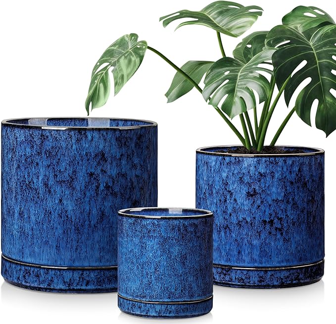 vancasso Ceramic Planters, Plant Pots for Indoor Plants, 6.25+8.25+10.25 Inch Ceramic Pots for Plants, Flower Pots with Drainage Holes (Blue, 6.25+8.25+10.25 Inch)-Ruum Studio Home