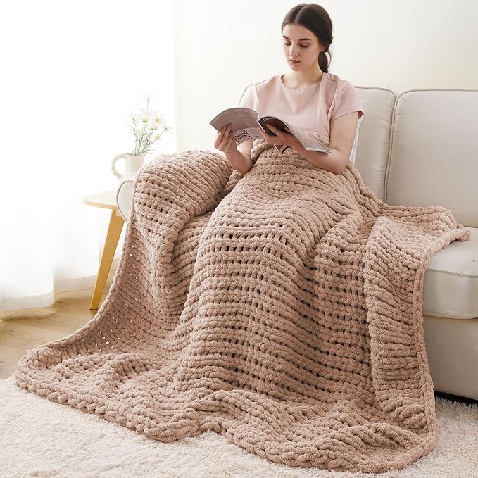 Battilo Chunky Knit Throw Blanket, Soft and Thick Chenille Throw Blanket, 50"x60" Handmade Cable Knit Crochet Blanket, Large Rope Knot Throw Blankets for Couch Sofa Bed Home Decor, Pink-Ruum Studio Home
