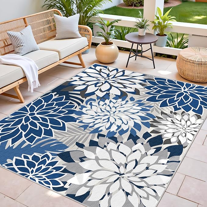 Indoor Outdoor Area Rug Washable Multicolored Patio Rug Tropical Botanical Modern Floral Indoor Outdoor Carpet Blue White Rug Non Slip for Patio, Deck, Backyard, Porch (6x9)-Ruum Studio Home