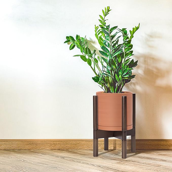 D'vine Dev Terracotta Planter with Walnut Color Stand - 8 Inch Modern Round Flower Pot with Wood Planter Holder, Terracotta, 55-B-Y-5-Ruum Studio Home