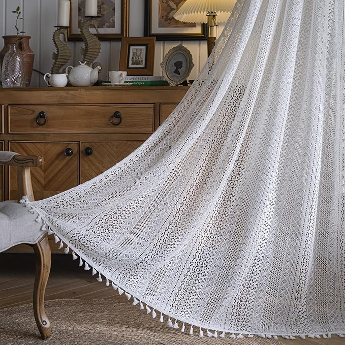 Sutuo Home White Crochet Boho Curtains 63 Inches Length, Sheer Lace Handmade Tassels Knitted Window Treatment Vintage Rustic Bohemian Farmhouse Drape for Bedroom Rod Pocket 1 Panel 59" W x 63" L-Ruum Studio Home