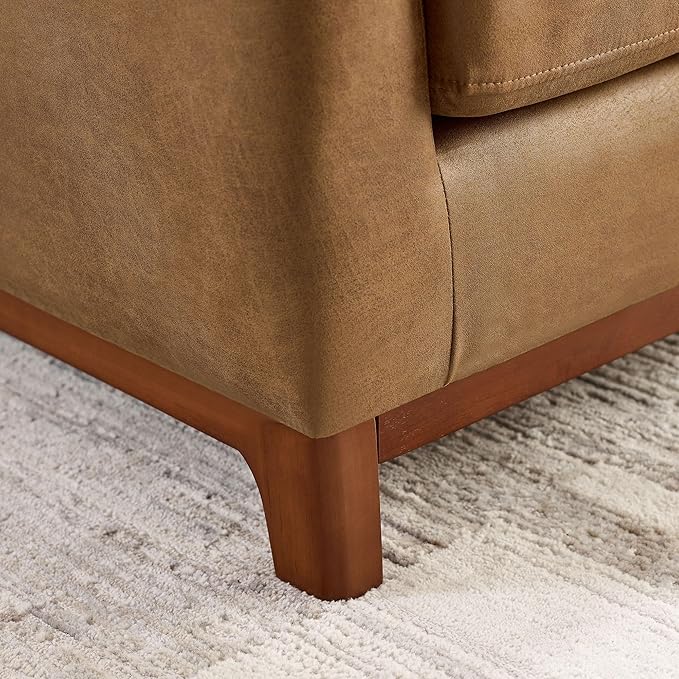 Extra Deep Accent Chair, Comfy Fabric Armchair with Wood Base, Upholstered Single Sofa Chair for Living Room & Bedroom, Faux Leather Brown-Ruum Studio Home