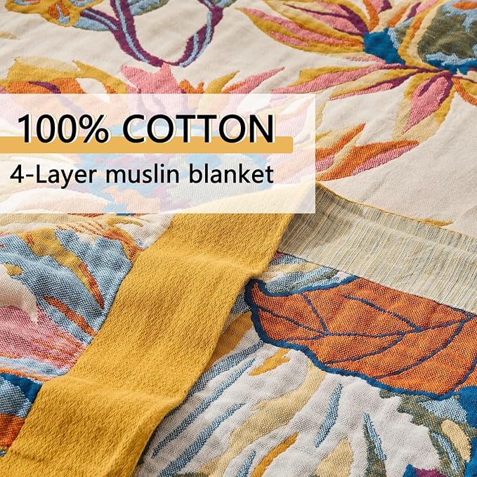 100% Cotton Boho Throw Blanket, King Size Living Room Reversible Fall Throw Blanket, Boho Floral Bird Colorful Retro Quilt Ultra Soft Reversible Gauze Blanket for All Season, 90"x98"-Ruum Studio Home
