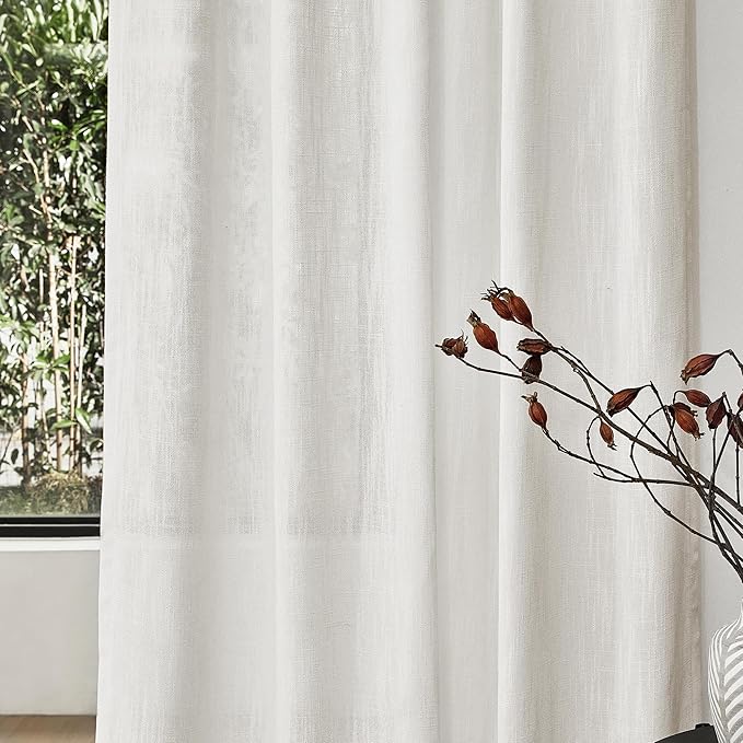 MYSKY HOME Natural Linen White Curtains 84 Inches Long, Semi Sheer Soft Cotton Window Drapes Set for Living Room Back Tab Elegant Cute Look Country Bedroom Curtains, 50" x 84", Beige, Pack-2-Ruum Studio Home