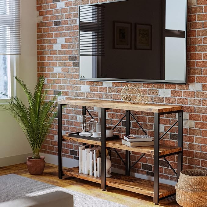 IRONCK Rustic Entryway Console Table, Long Hallway Table 47 in 3-Tier, TV Stand Entertainment Center Media Stand for Living Room, Industrial Style, Vintage Brown-Ruum Studio Home