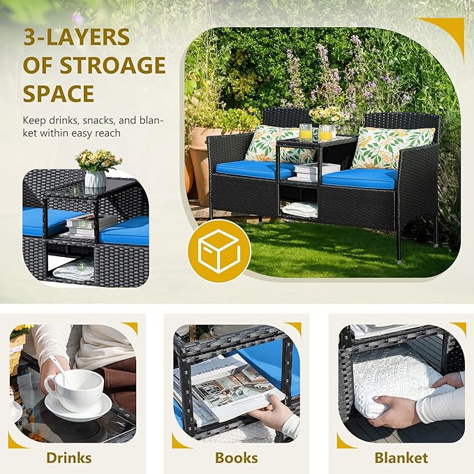 Flamaker Outdoor Furniture Patio Loveseat Wicker 2-Seat with Built-in Table and Cushions Rattan Porch Chairs Bench for Balcony, Lawn, Backyard (Blue)-Ruum Studio Home