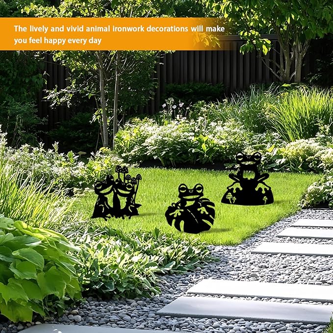 3 Pack Frog Metal Garden Decorative Stakes, Weather Proof Silhouette Statues for Yard, Patio,Outdoor Decor for Frog Lovers and Pet Owners-Ruum Studio Home