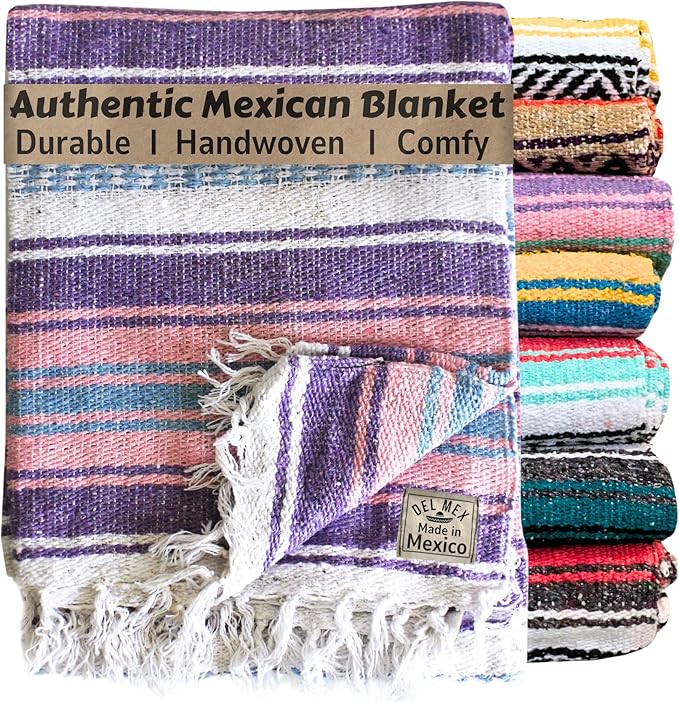 Del Mex Classic Mexican Blanket, Large Authentic Woven Falsa Throw (70"x50"), Artisan Southwest Décor for Beach, Yoga, Outdoors (Lavender/Pink)-Ruum Studio Home