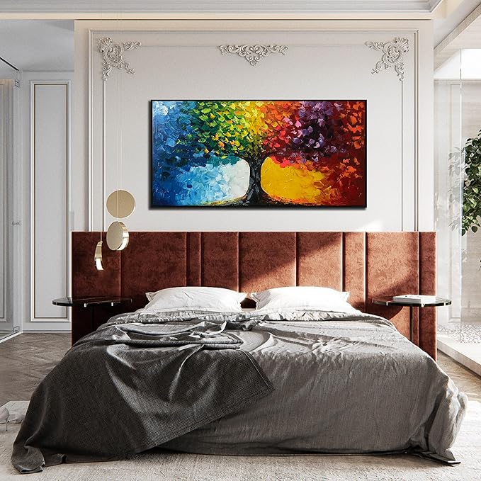Hand Painted Colorful Tree Painting for Living Room - Bedroom Signs Wall Decor Above Bed - Large Framed Wall Art Size 29" x 59"-Ruum Studio Home