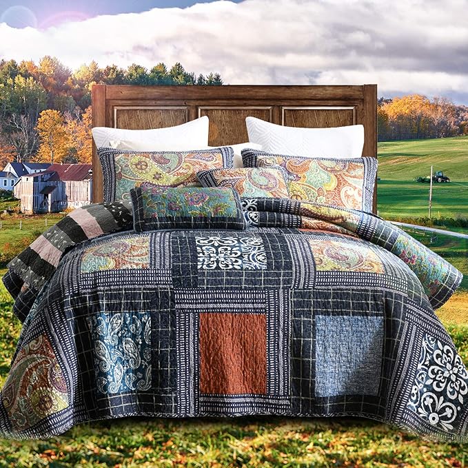 NEWLAKE Cotton Patchwork Bedspread, 3-Piece Bedding Quilt Set with Real Stitched Embroidery, Reversible Matelasse Bed Coverlet Set,Vintage Flowery Grid,King Size-Ruum Studio Home