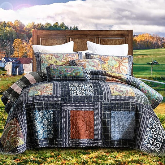 NEWLAKE Cotton Patchwork Bedspread, 3-Piece Bedding Quilt Set with Real Stitched Embroidery, Reversible Matelasse Bed Coverlet Set,Vintage Flowery Grid,King Size-Ruum Studio Home