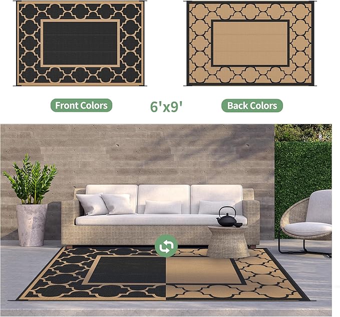 GENIMO 6' x 9' Outdoor Rug Waterproof for Patio Decor, Foldable Reversible Plastic Straw Area Rugs Mat for Camper, Outside Carpet for Rv, Deck, Porch, Picnic, Beach, Balcony, Black & Brown-Ruum Studio Home