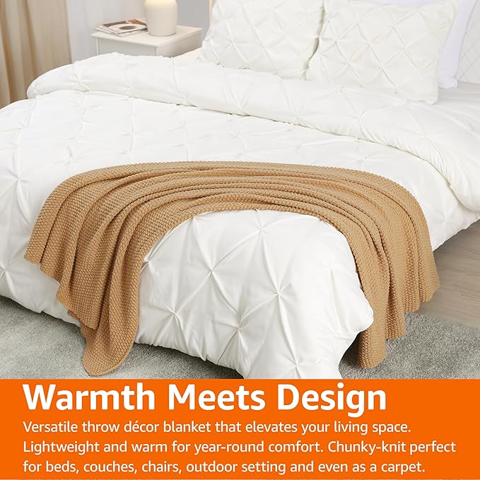 Amazon Basics Chunky Cable Knit Throw Blanket for Couch, Sofa, Bed, Lightweight Soft Cozy, Sand, 50"x 60"-Ruum Studio Home