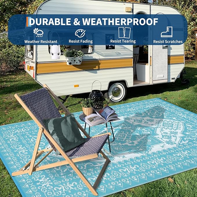 GAOMON Outdoor Rugs 8x10 Waterproof Reversible Outdoor Plastic Straw Rug, Large Patio Rugs UV-Resistant Portable RV Camping Mats, Vintage Boho Carpet for Deck Porch Garden, Light Blue & White-Ruum Studio Home