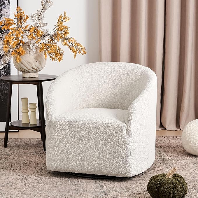KINWELL 32" Wide Modern Boucle Swivel Barrel Chair, No Assembly Round Upholstered Swivel Accent Armchair for Living Room, Bedroom, Office (White)-Ruum Studio Home