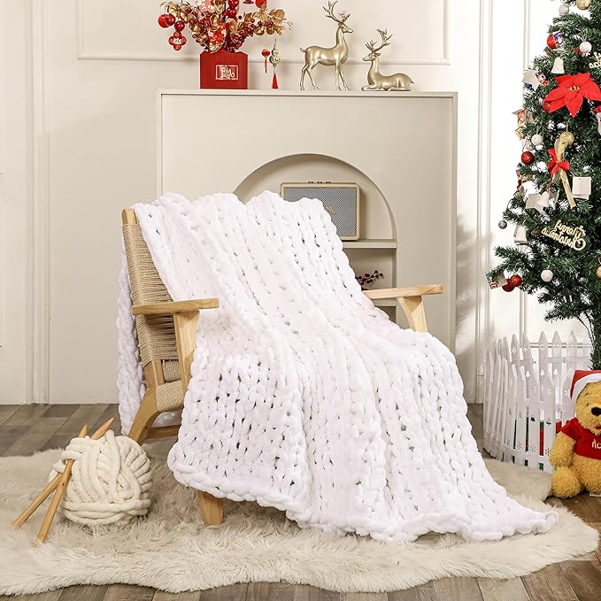 WESHIONGOO Chunky Knit Blanket Throw Knitted Throw Blankets for Couch Bed Fluffy Soft Blanket with Jumbo Chenille Yarn Thick 100% Handmade (White, 50"×60")-Ruum Studio Home