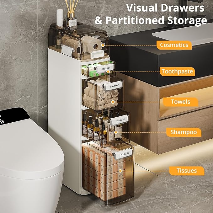 VECELO 5-Tier Narrow Beside Toilet Storage Cabinet, Plastic Bathroom Organizers and Storage with Drawers & Wheels, Space-Saving, Slim Toilet Paper Storage for Bathroom, Laundry Room, Small Space-Ruum Studio Home