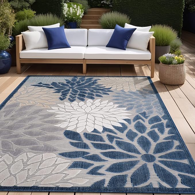 Beverly Rug Outdoor Rug 6x9 Modern Floral Tropical Area Rugs for Indoor and Outdoor Patio Easy to Clean Non Shedding Living Room Porch Garden Washable Outside Carpet (6 x 9 Blue)-Ruum Studio Home