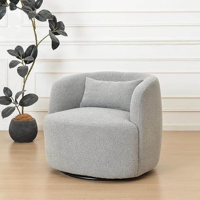 KINWELL 34" Wide Sherpa Swivel Barrel Chair, No Assembly Round Boucle Upholstered Accent Chair Armchair Single Sofa Chair with Toss Pillow for Living Room and Bedroom, Gray-Ruum Studio Home