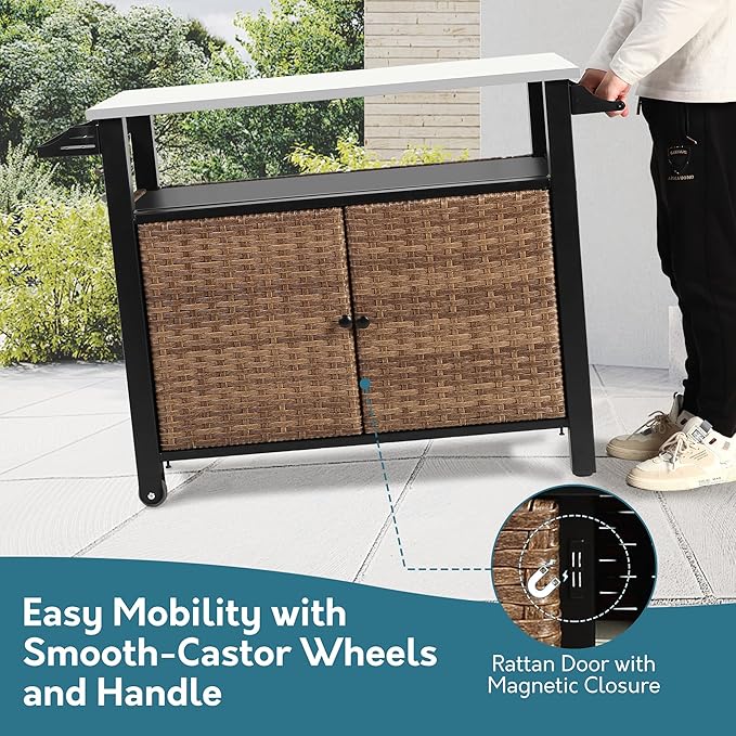 Grill Cart Outdoor with Wheels, Outdoor Prep Table with Wicker Storage and Rolling Wheels, Kitchen Island Serving Cart with Stainless Steel Table Top for BBQ, Porch, Patio, Brown-Ruum Studio Home