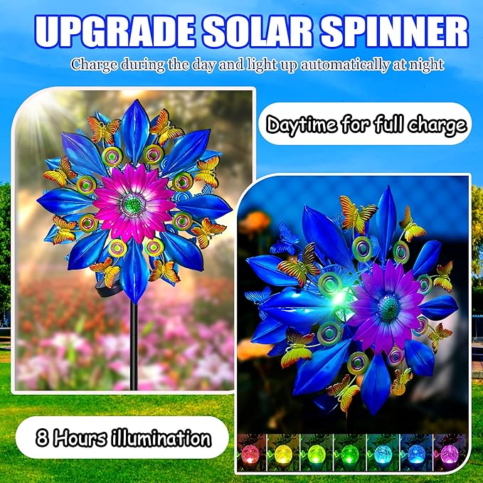 60 Inch Solar Wind Spinner Outdoor - Double-Sided Rotating Colorful Kinetic Wind Spinners for Garden, Yard Decorations Outdoor,Metal Wind Sculptures & Spinners, Wind Art-Ruum Studio Home