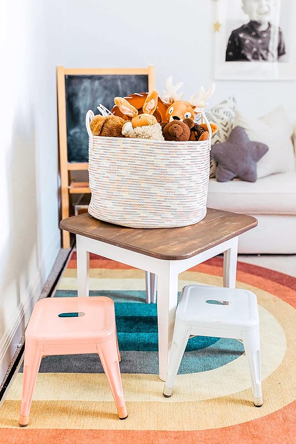 OrganiHaus Toy Storage Basket for Kids, Large Cotton Rope Organizer Bin for Nursery, Toy Box, Blanket Holder, Baby Hamper for Living Room, Soft & Washable, 20x13 inches - Rainbow-Ruum Studio Home