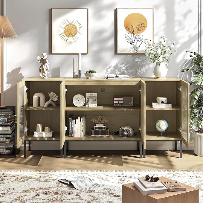 Farmhouse TV Stand for TVs up to 70 Inch, Entertainment Center TV Console with Storage Cabinets and Glass Doors,Media Console for Living Room,Oak-Ruum Studio Home