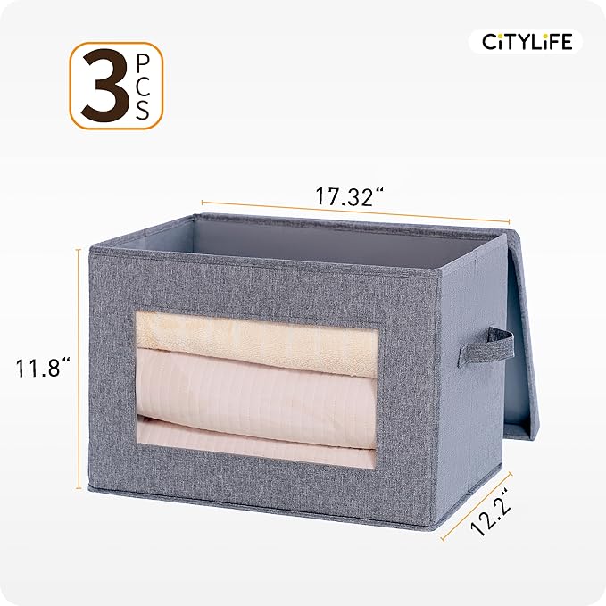 Citylife 3-Pack Collapsible Storage Bins with Lids, Linen Fabric Foldable Storage Boxes, Cube Closet Organization for Clothes, Blankets and Books, Gray-Ruum Studio Home