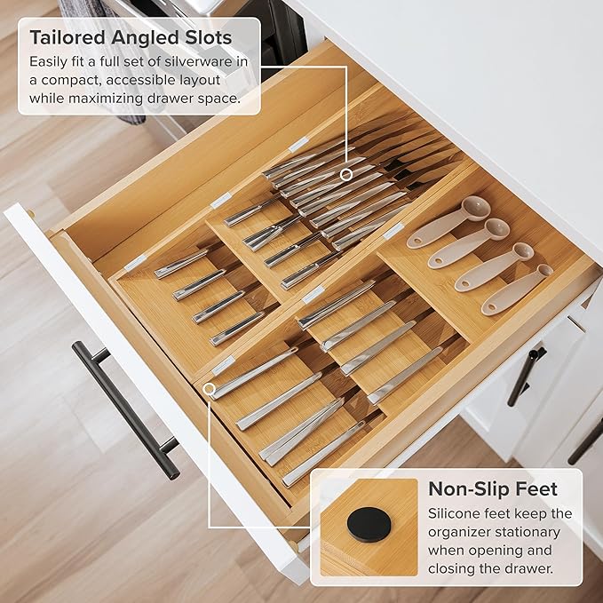 Premium Cutlery, Flatware, and Silverware Drawer Organizer – Slanted 3-Compartment Design with Labeled Slots, Non-Slip Feet, 100% Sustainable Bamboo, 2 Pack-Ruum Studio Home